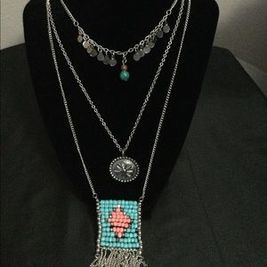 Multi-strand boho rain catcher necklace-costume jewelry (mauve and teal)